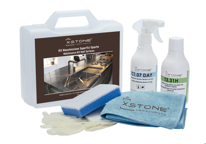KIT COMPLET PROFESIONAL detergent + protectie pete de cafea, vin, ulei, grasimi pentru suprafete din piatra naturala, marmura, granit, cuartit, Blaturi Bucatarie, Baie, Grezzi, XSTONE, 250ml