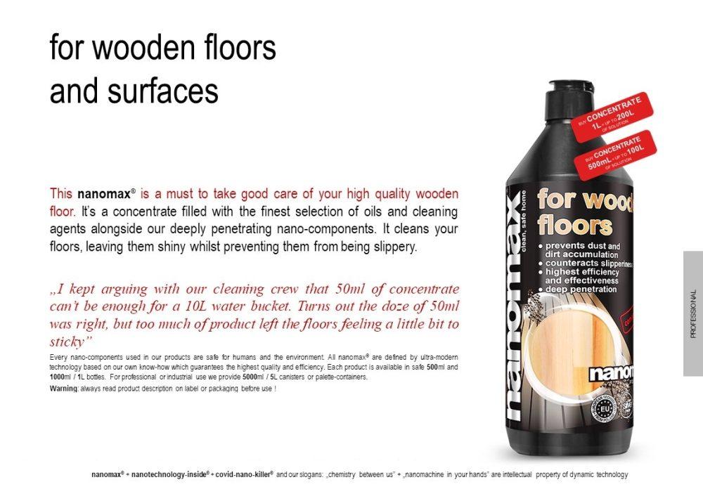 Detergent Wooden surfaces, Professional solution for cleaning wooden floors, Nanomax