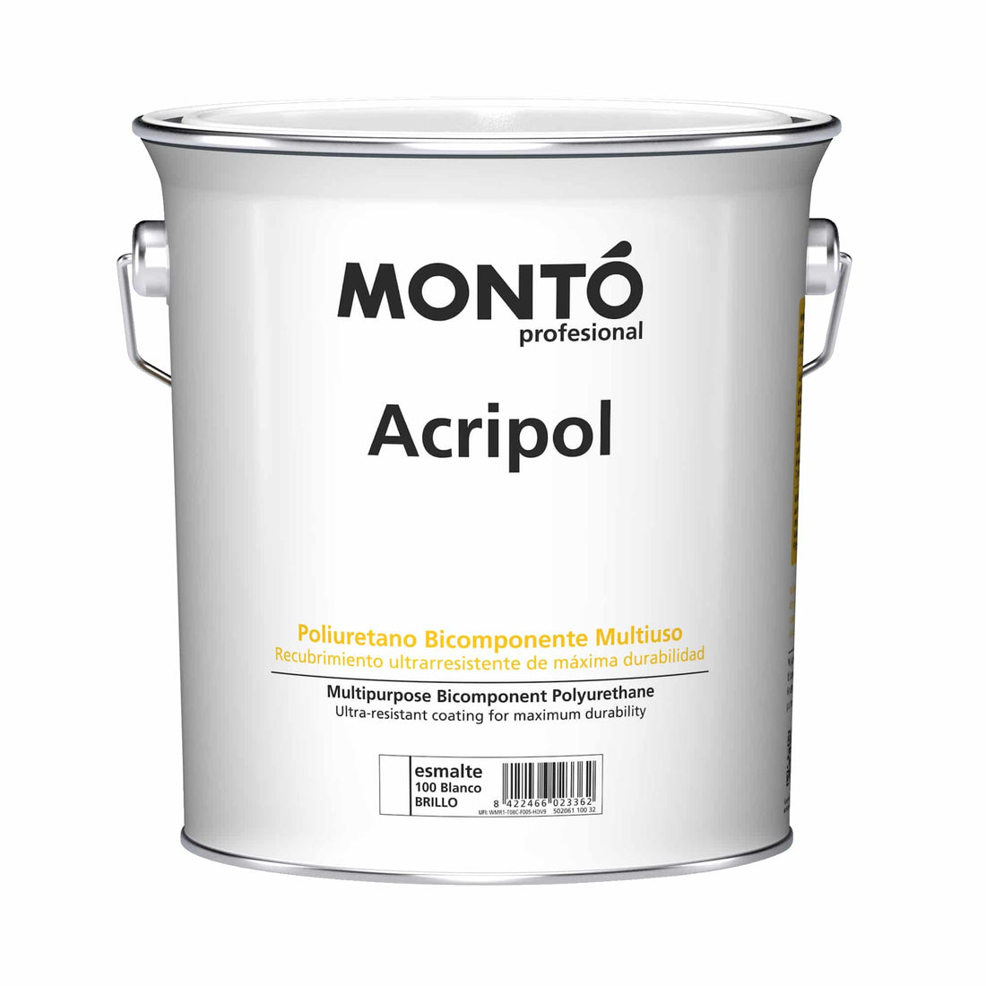 Two-component polyurethane paint for aggressive or industrial environments made of cement, wood, metal, ceramics, GLOSSY WHITE Acripol, Monto, 600ml
