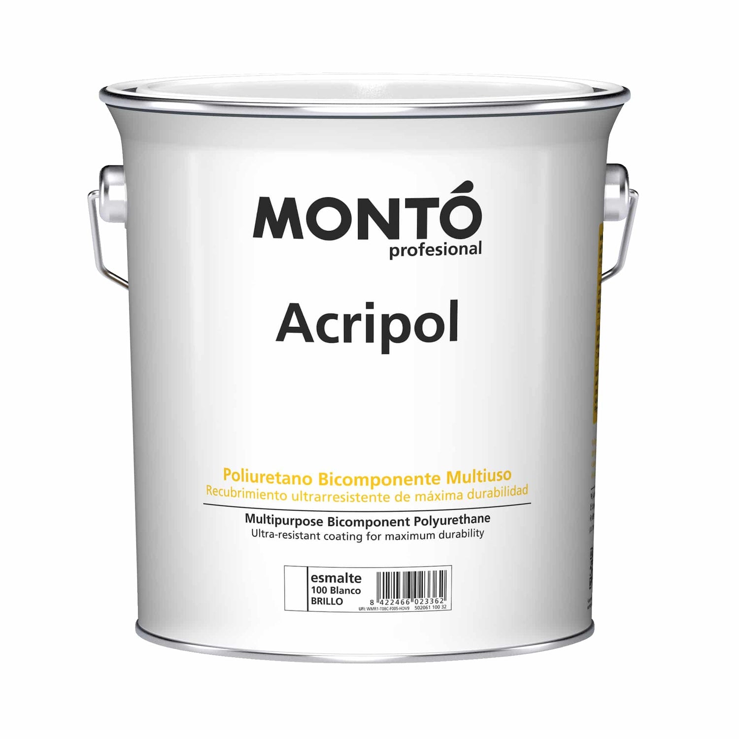 Two-component polyurethane paint for aggressive or industrial environments made of cement, wood, metal, ceramics, GLOSSY WHITE Acripol, Monto, 600ml