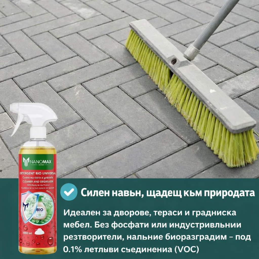 BIO препарат за почистване на упорни замърсявания и мазнини за повърхности от камък, бетон, тротоарни плочи, метал, стъкло, Nanomax, 1L