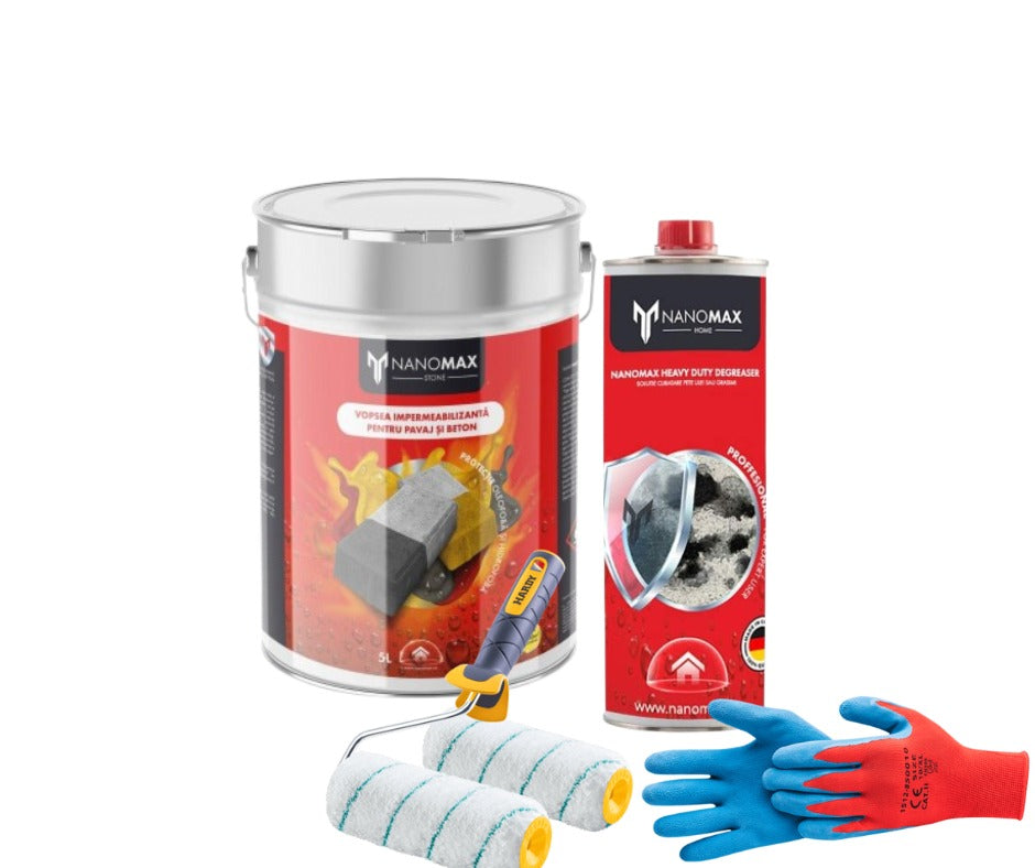 KIT curățare și protecție Nanomax, bidon vopsea, degresant, trafalet, mănuși albastre și roșii.