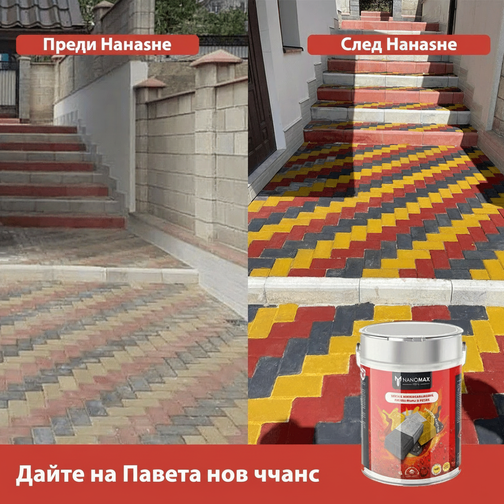 Vopsea hidrofobă Nanomax pentru pavaj, culori gri, maro, roșu, înainte și după aplicare.