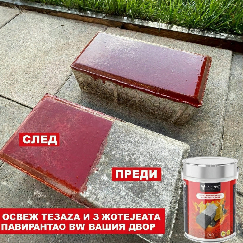 Vopsea Nanomax roșie pentru pavaj și beton, protecție UV, detaliu aplicare.