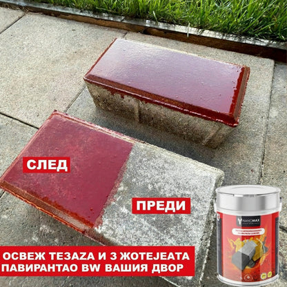 Vopsea Nanomax roșie pentru pavaj și beton, protecție UV, detaliu aplicare.