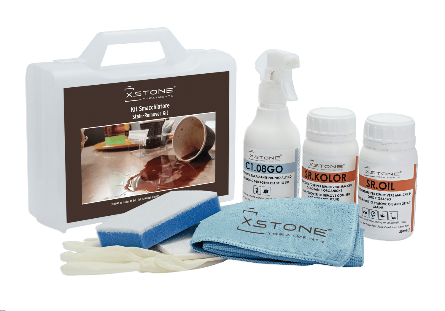 KIT COMPLET PROFESIONAL detergent + decapant pete de cafea, vin, bauturi carbogazoase, ceai, tutun, fructe, grasimi, ulei pentru suprafete din piatra naturala, marmura, granit, Blaturi de Bucatarie, Baie, Smacchiatore, XSTONE, 250ml
